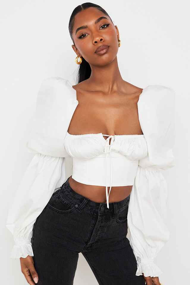 White Poplin Cropped Corset Top