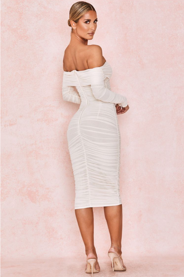 Ruched Off Shoulder Midi Dress