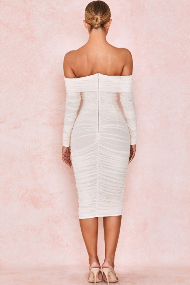 Ruched Off Shoulder Midi Dress