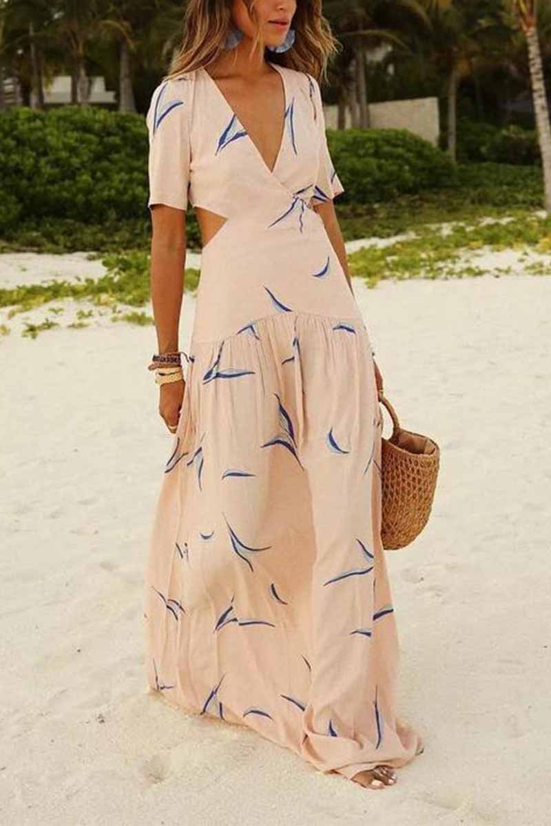 Vacation Print Hollowed Out V Neck A Line Maxi Dresses