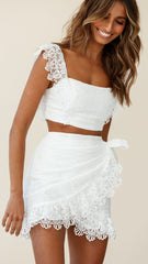 White Sonnet Lace Crop Top and Skirt Sets