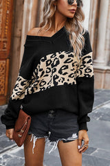 Fashion Leopard Splice Contrast V-neck Sweater