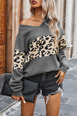 Fashion Leopard Splice Contrast V-neck Sweater