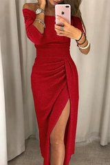 Boat Neck Glittering High Split Wrap Dress