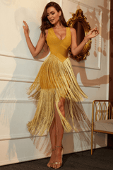 Una Yellow Fringe Party Bandage Dress