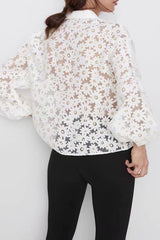 See-through Puff Sleeve Print Shirts