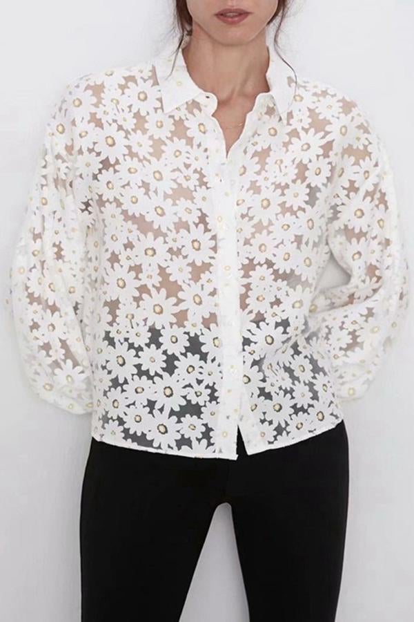 See-through Puff Sleeve Print Shirts