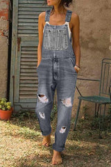 Washed Ripped Hole Denim Overalls(3 colors)