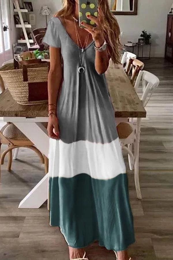 Bohemian Color Block Short Sleeve Long Dress