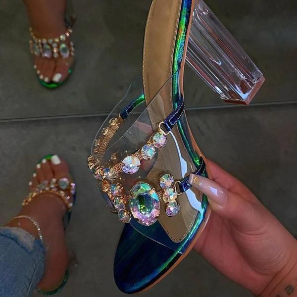 Rhinestone Chunky Heel Slip-On Flip Flop Pvc Slippers