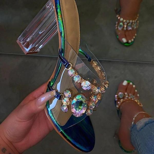 Rhinestone Chunky Heel Slip-On Flip Flop Pvc Slippers