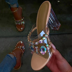 Rhinestone Chunky Heel Slip-On Flip Flop Pvc Slippers