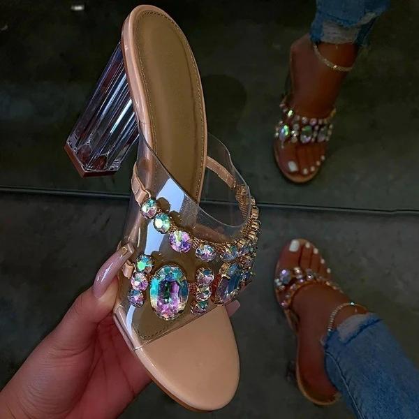 Rhinestone Chunky Heel Slip-On Flip Flop Pvc Slippers