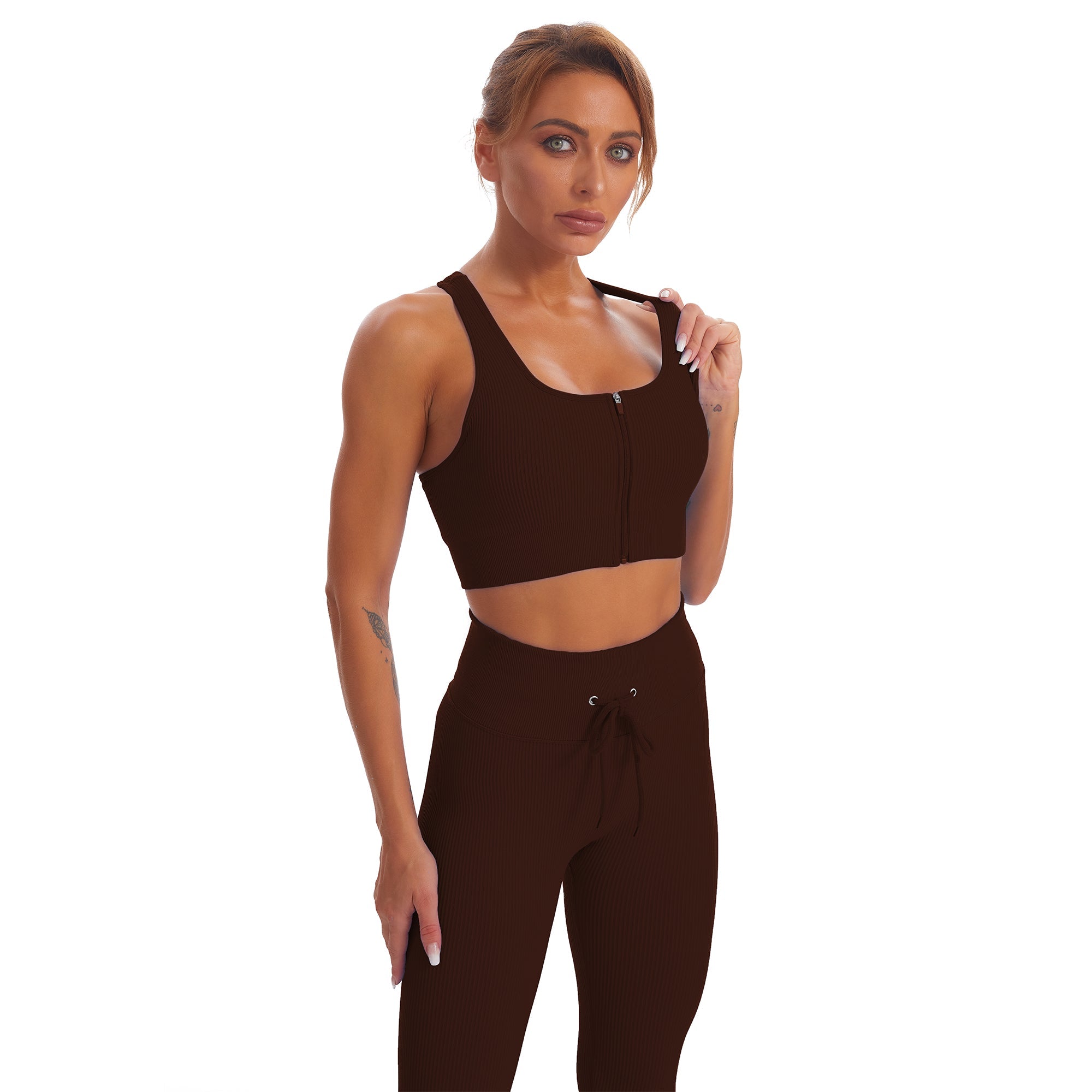 Seamless Gym Yoga Set Zip Up Sports Tank Top & Leggings for Women