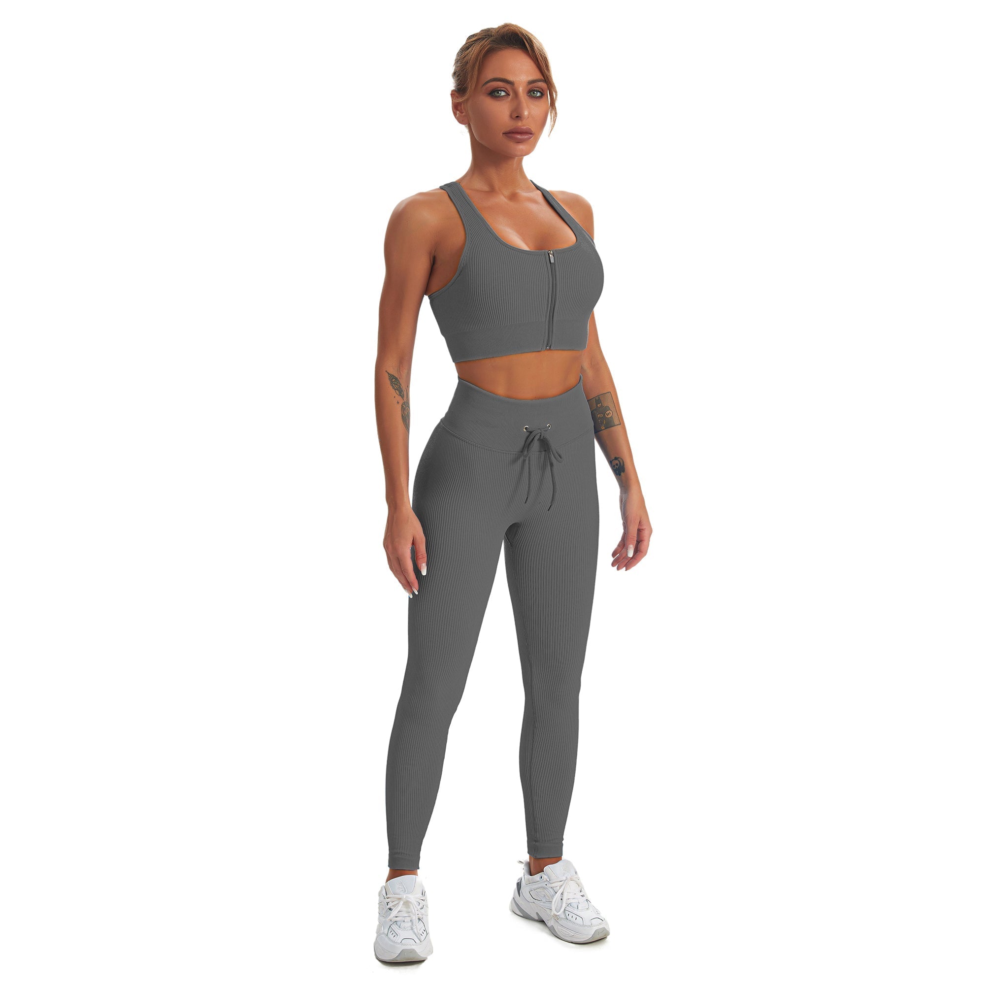 Seamless Gym Yoga Set Zip Up Sports Tank Top & Leggings for Women