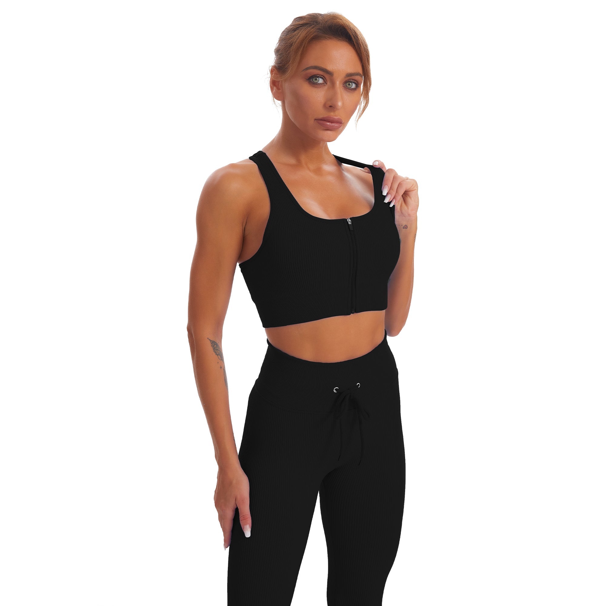 Seamless Gym Yoga Set Zip Up Sports Tank Top & Leggings for Women