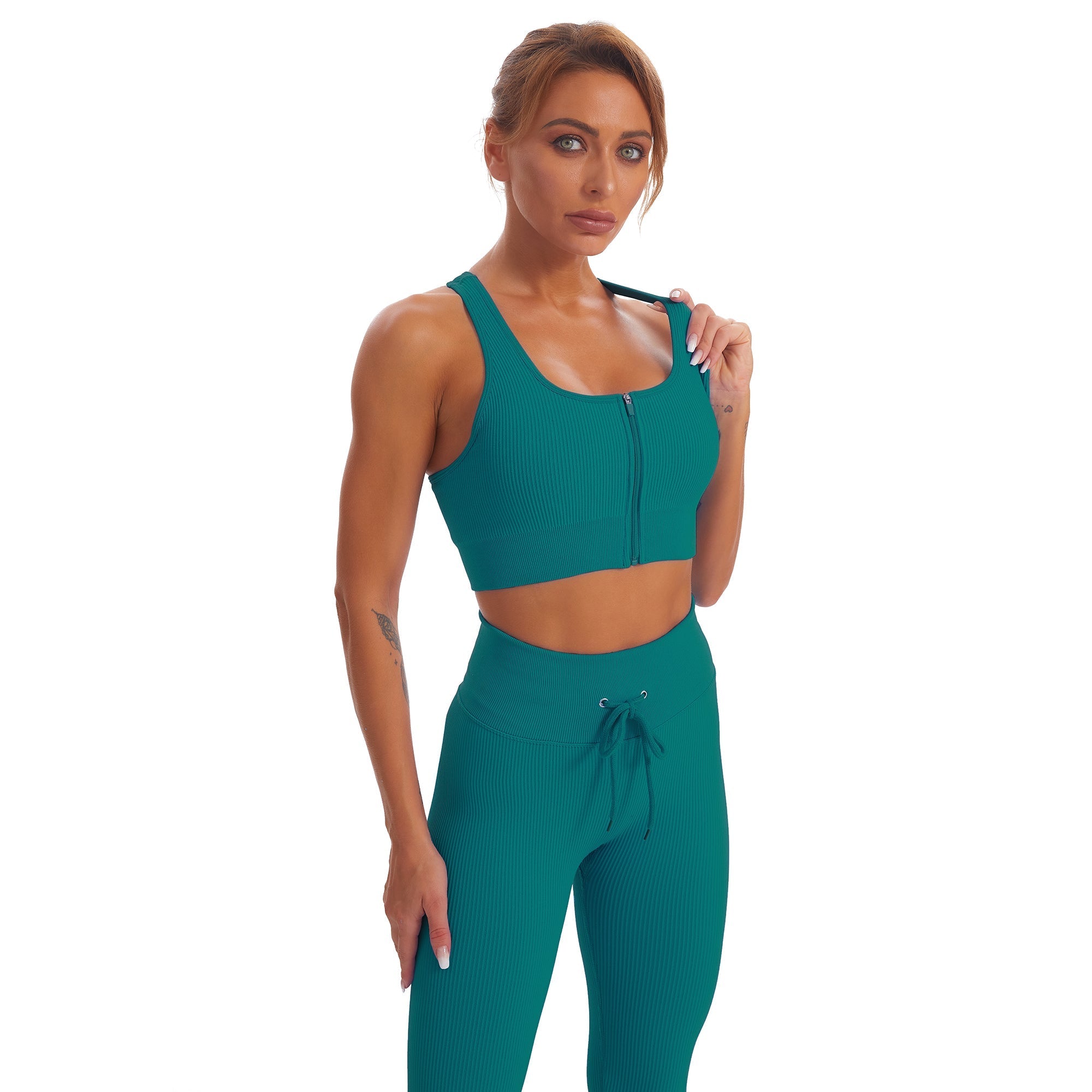 Seamless Gym Yoga Set Zip Up Sports Tank Top & Leggings for Women