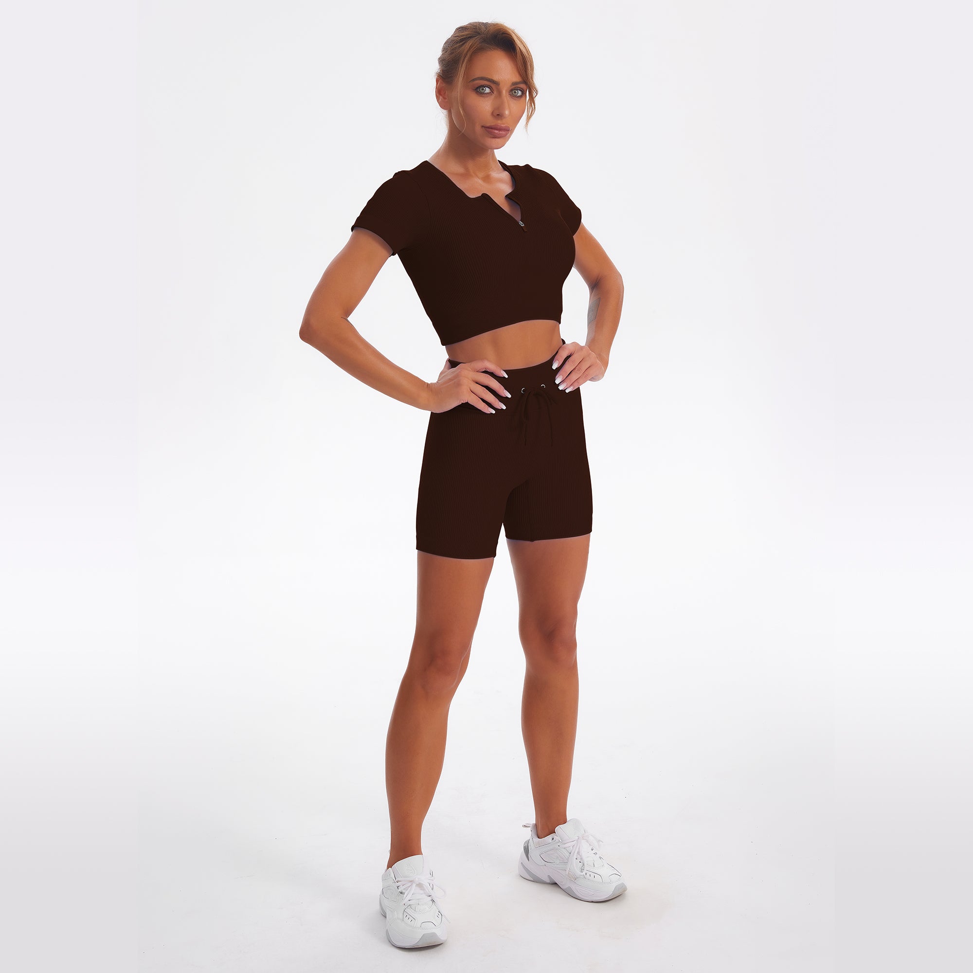 Seamless Gym Yoga Set Zip Up Short Sleeve Top & Shorts for Women