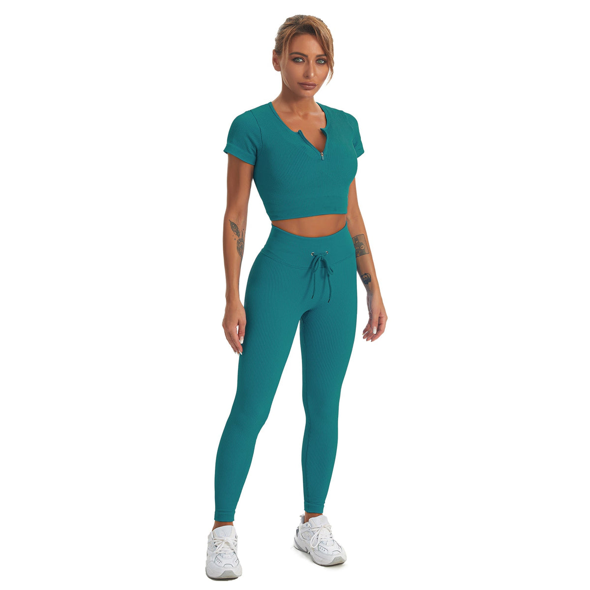 Seamless Gym Yoga Set Zip Up Short Sleeve Top & Leggings for Women