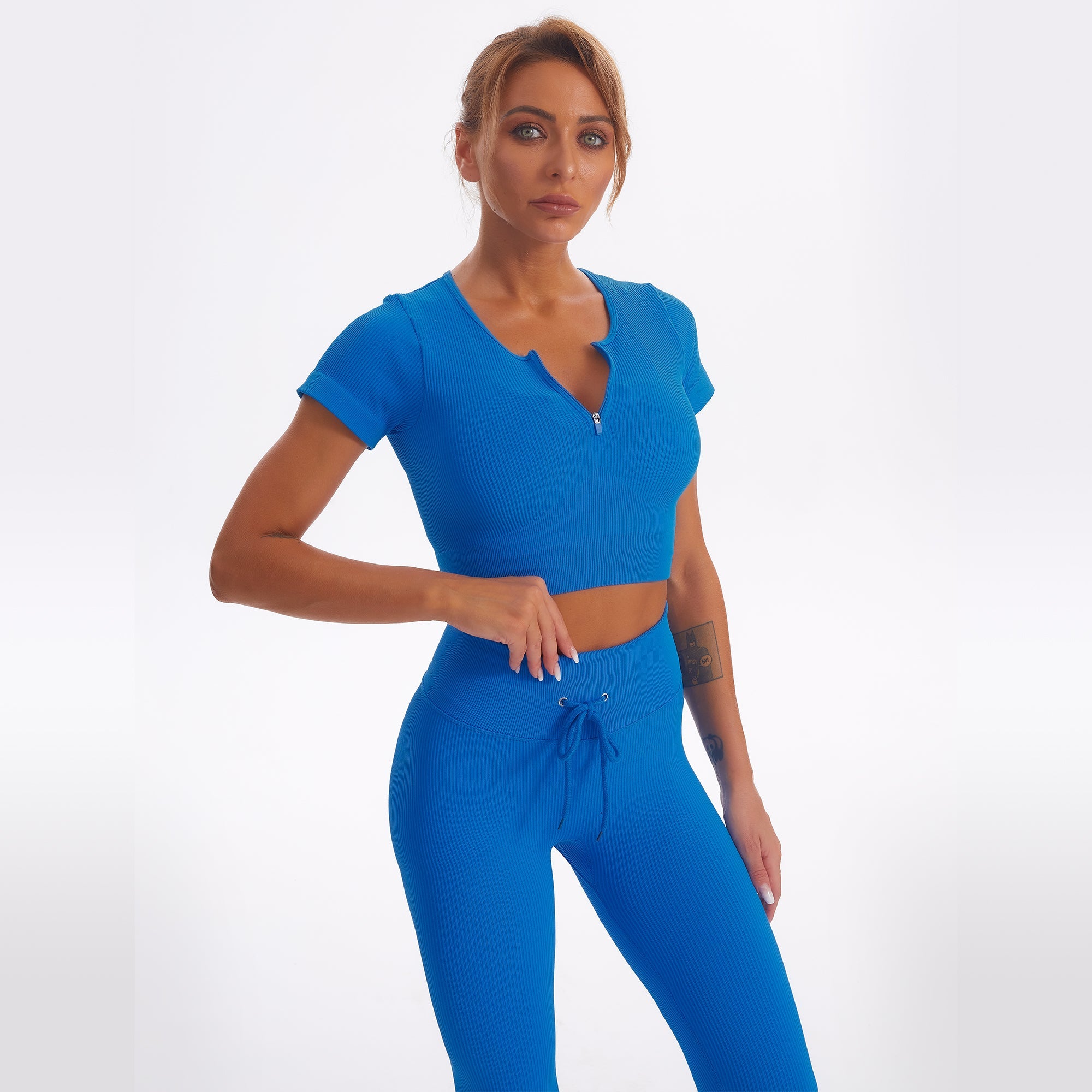 Seamless Gym Yoga Set Zip Up Short Sleeve Top & Leggings for Women