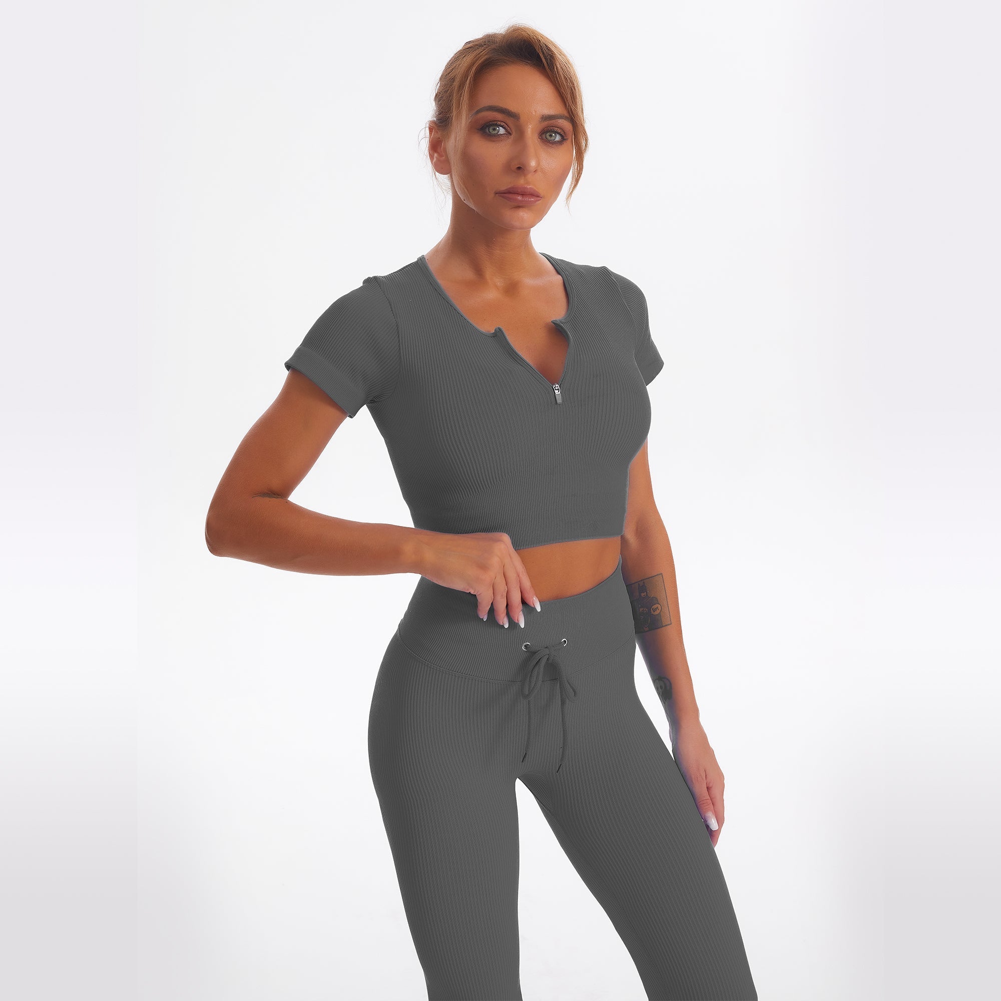 Seamless Gym Yoga Set Zip Up Short Sleeve Top & Leggings for Women