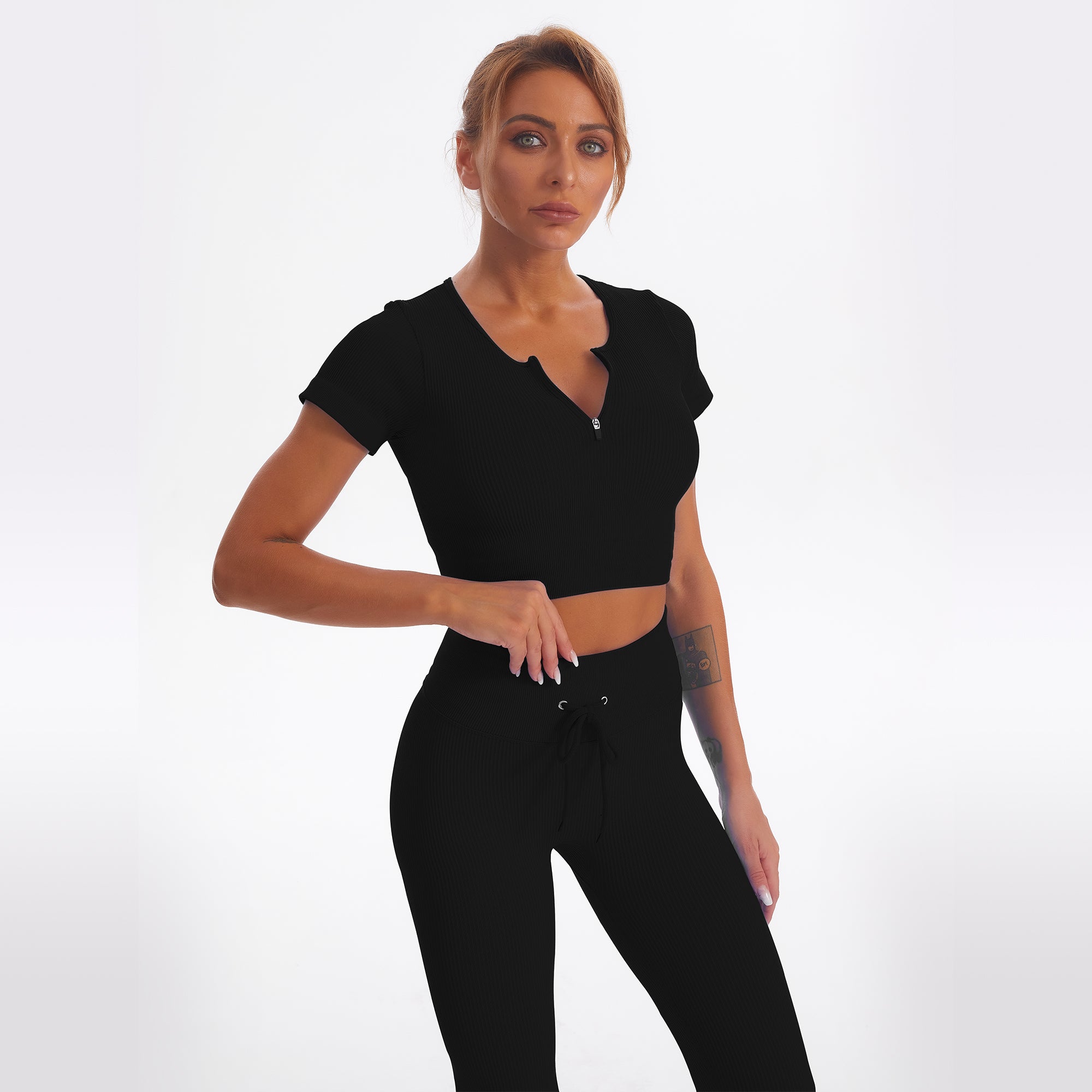 Seamless Gym Yoga Set Zip Up Short Sleeve Top & Leggings for Women