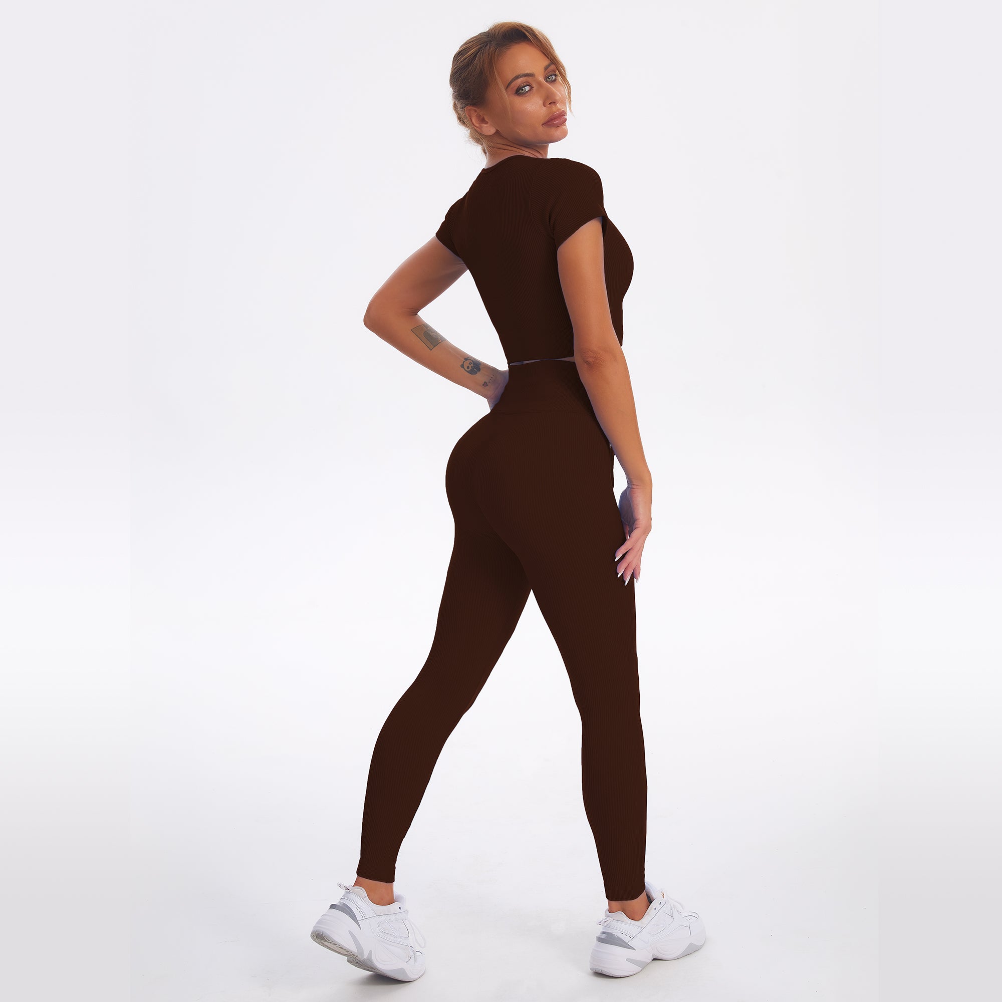 Seamless Gym Yoga Set Zip Up Short Sleeve Top & Leggings for Women