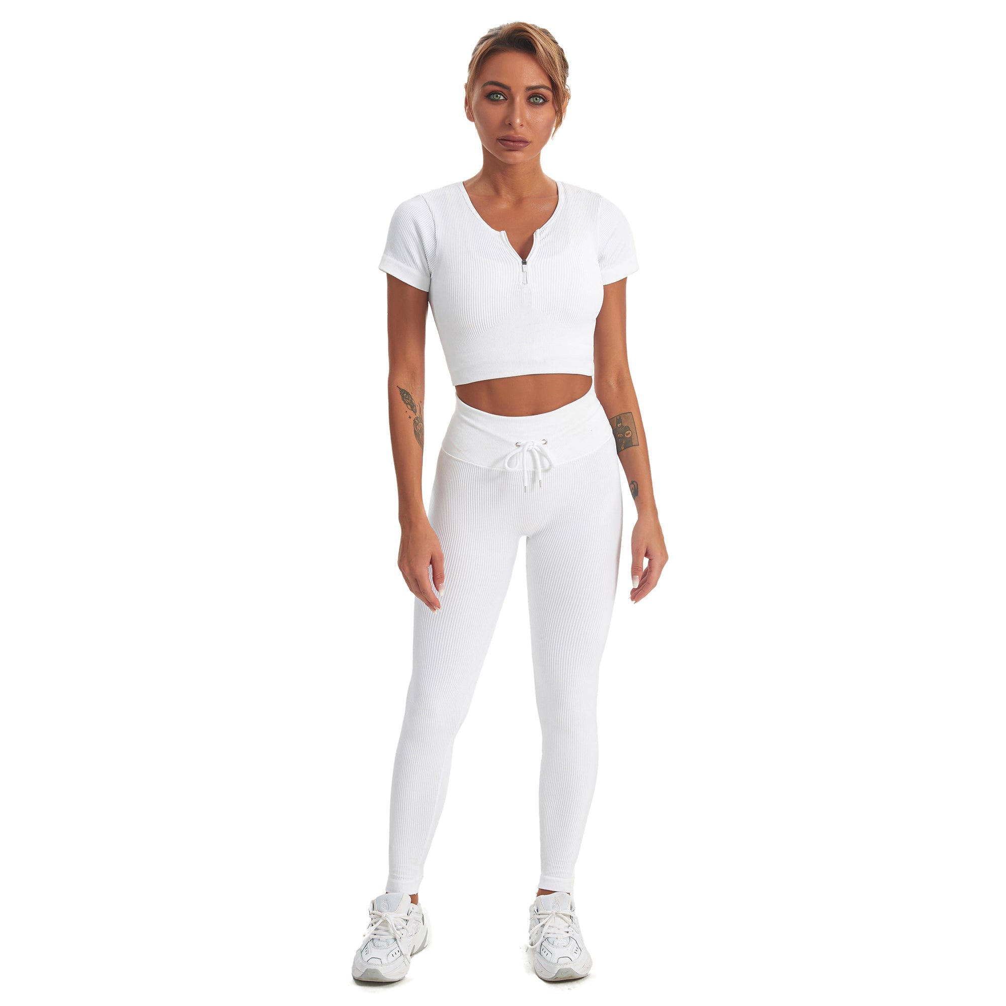 Seamless Gym Yoga Set Zip Up Short Sleeve Top & Leggings for Women