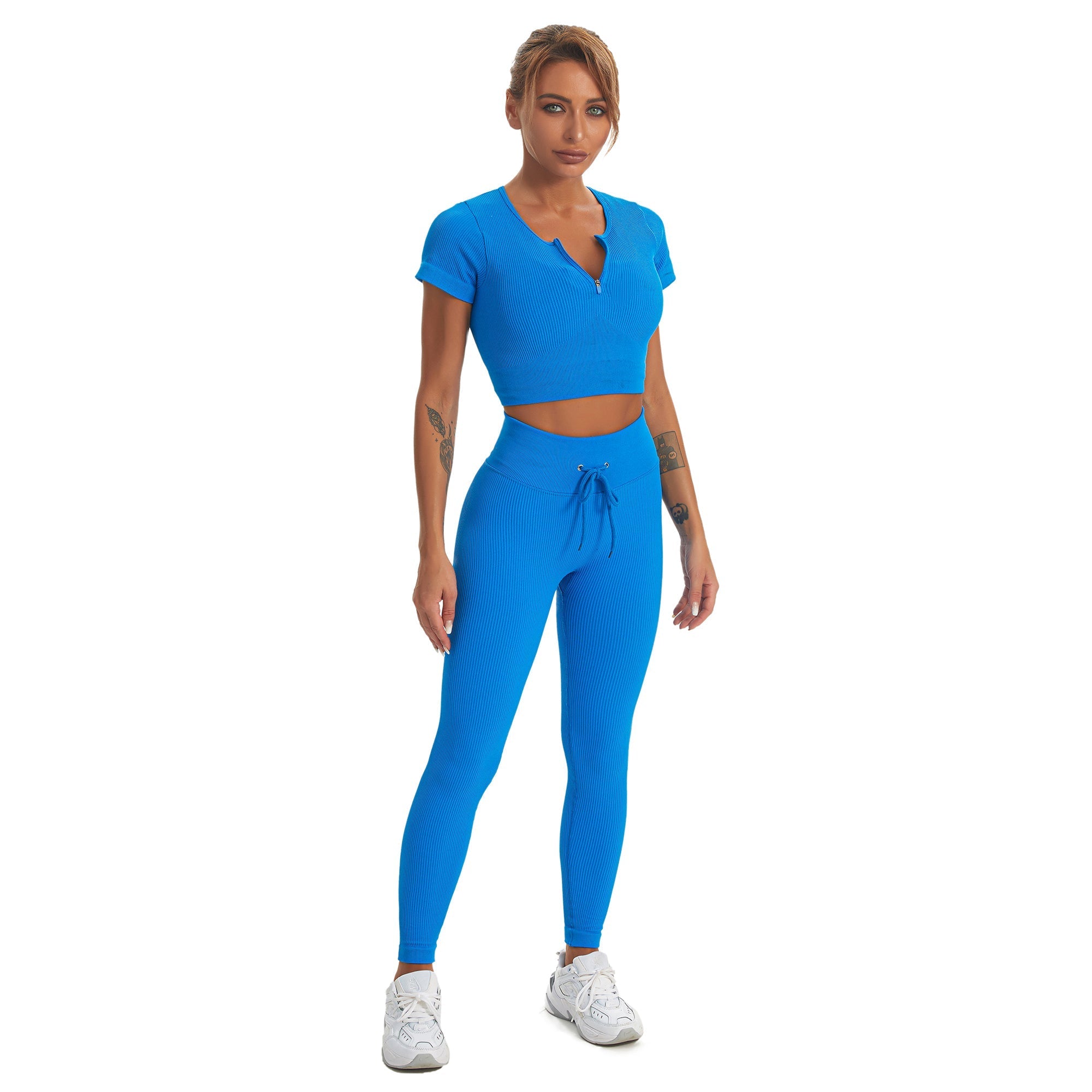 Seamless Gym Yoga Set Zip Up Short Sleeve Top & Leggings for Women