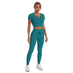 Seamless Gym Yoga Set Zip Up Short Sleeve Top & Leggings for Women