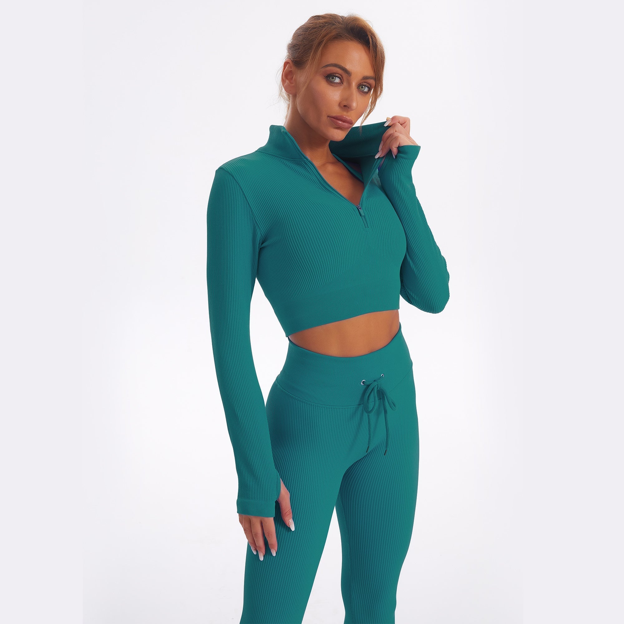 Seamless Gym Yoga Set Zip Up Long Sleeve & Leggings for Women