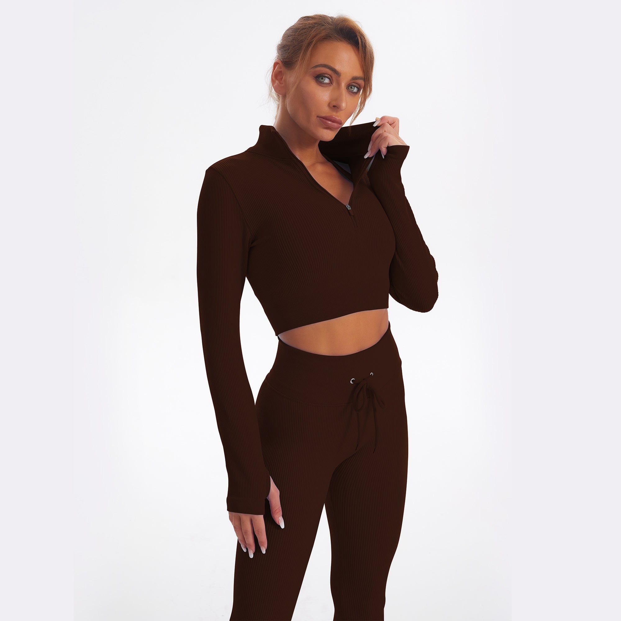 Seamless Gym Yoga Set Zip Up Long Sleeve & Leggings for Women