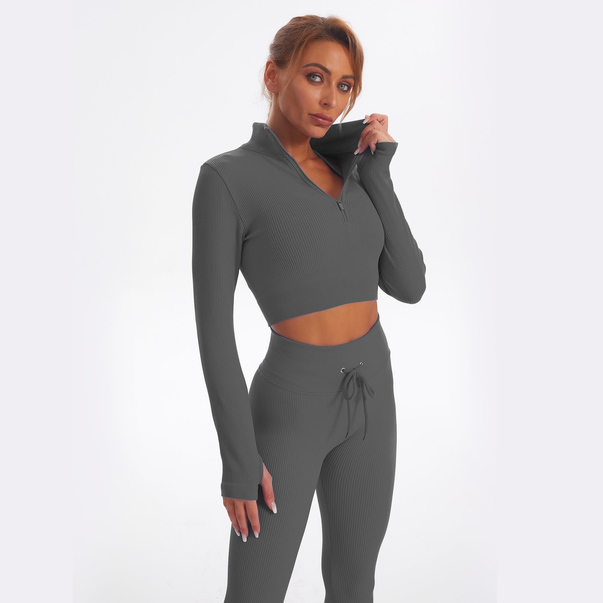 Seamless Gym Yoga Set Zip Up Long Sleeve & Leggings for Women