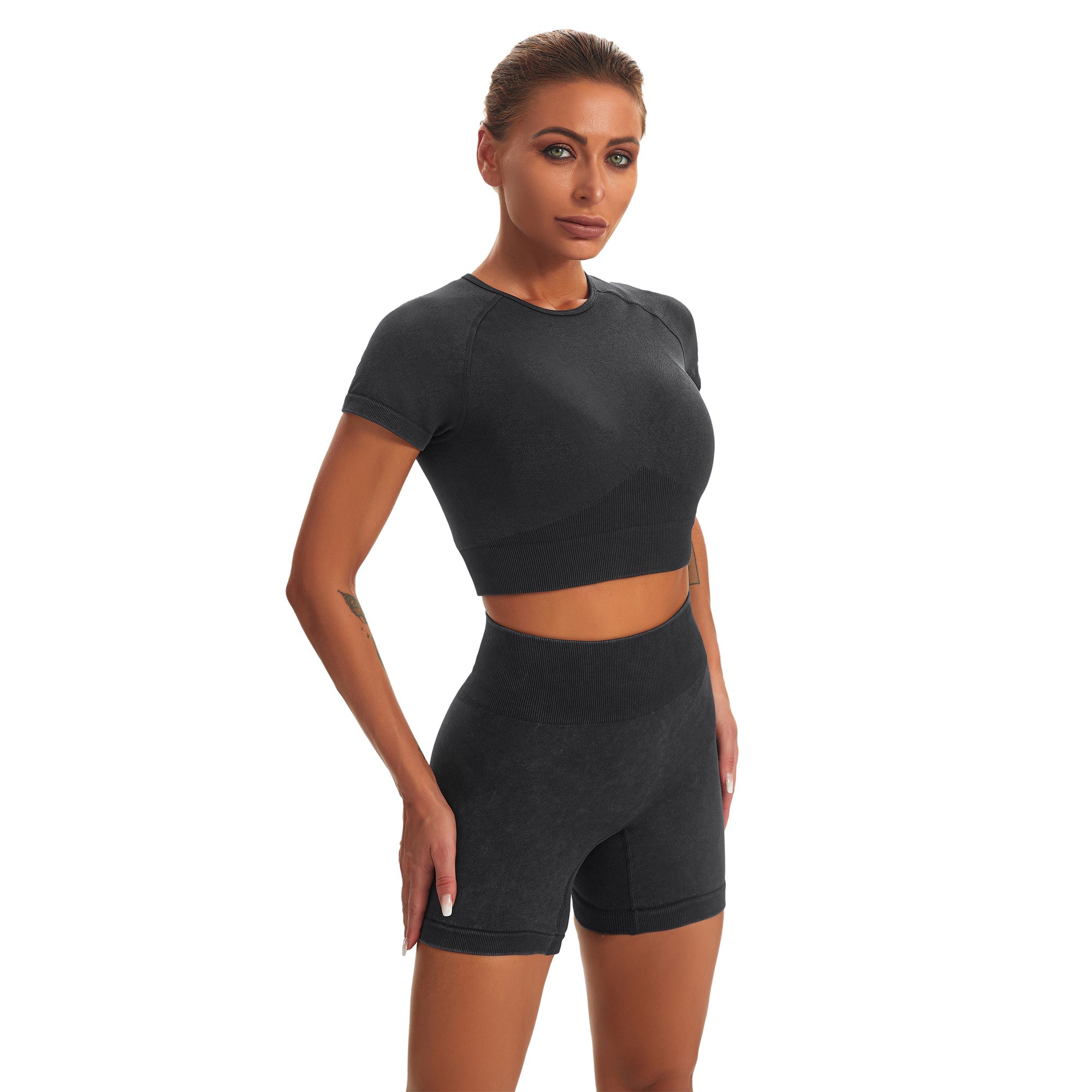 Seamless Gym Yoga Set Short Sleeve Top & Shorts