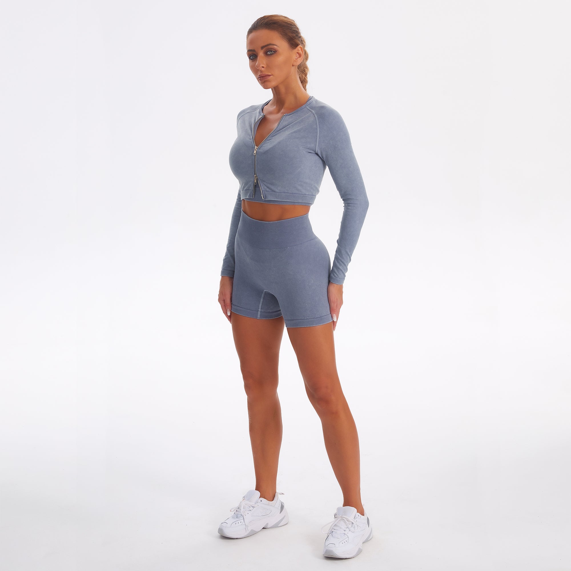 Seamless Gym Yoga Set Zip Up Long Sleeve & Shorts