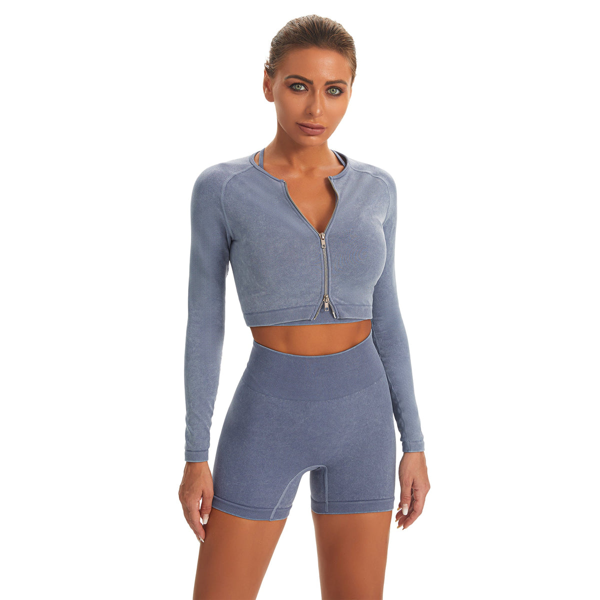 Seamless Gym Yoga Set Zip Up Long Sleeve & Shorts