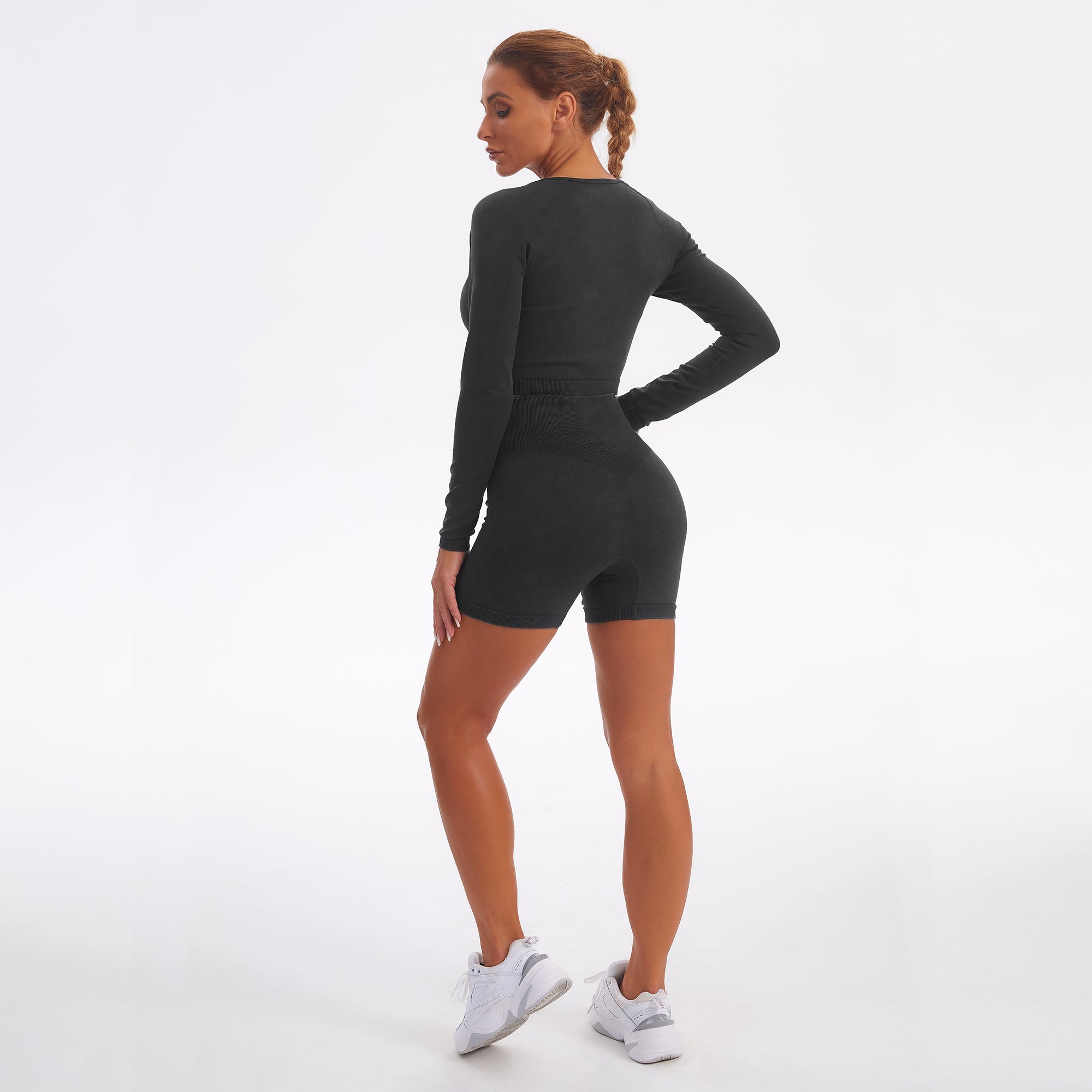 Seamless Gym Yoga Set Zip Up Long Sleeve & Shorts