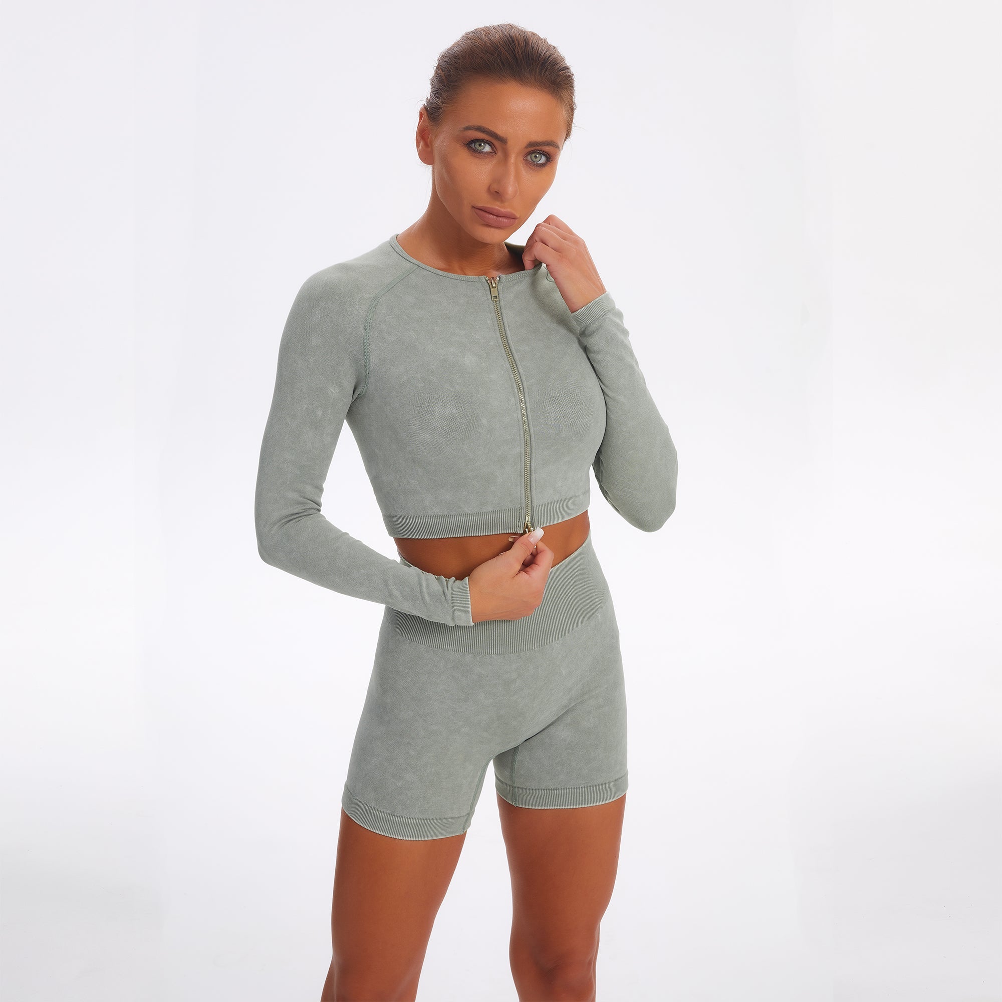 Seamless Gym Yoga Set Zip Up Long Sleeve & Shorts