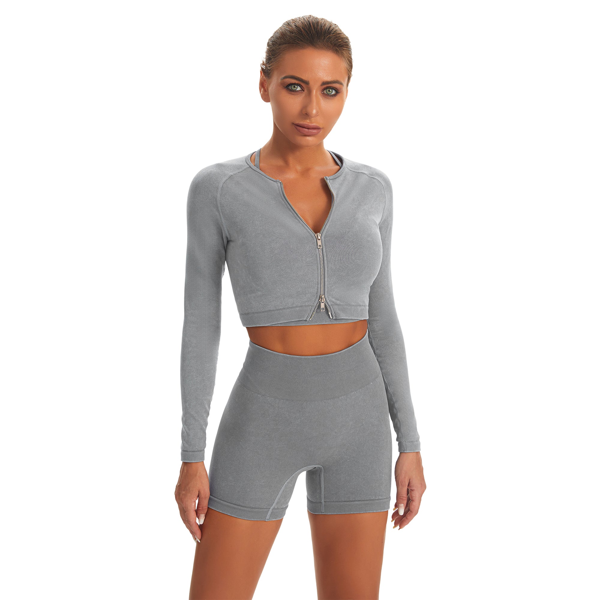 Seamless Gym Yoga Set Zip Up Long Sleeve & Shorts