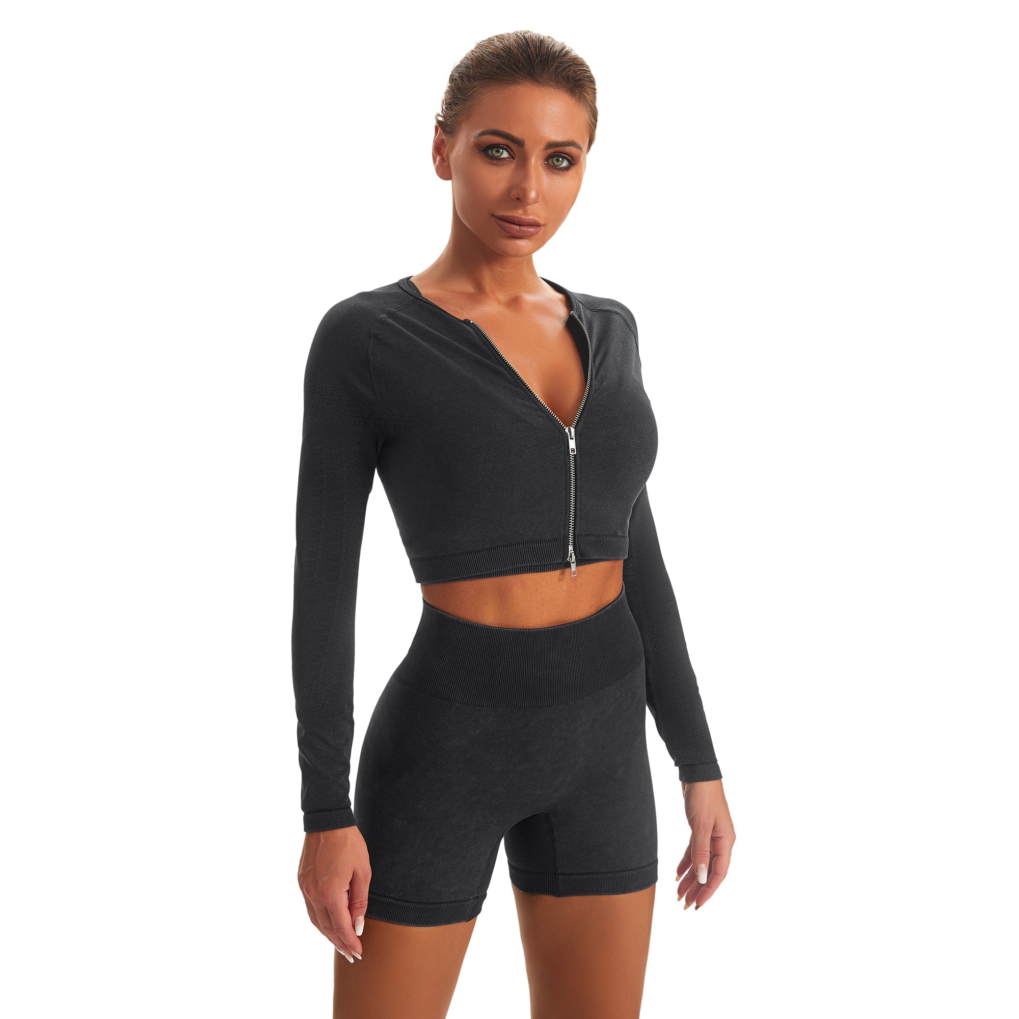 Seamless Gym Yoga Set Zip Up Long Sleeve & Shorts