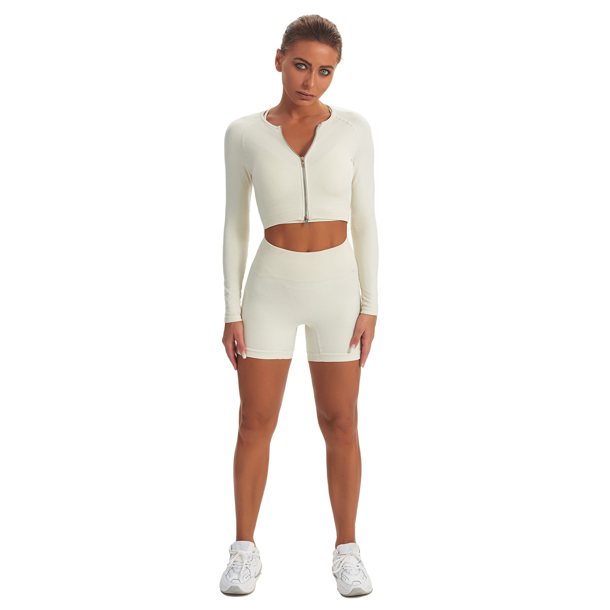 Seamless Gym Yoga Set Zip Up Long Sleeve & Shorts