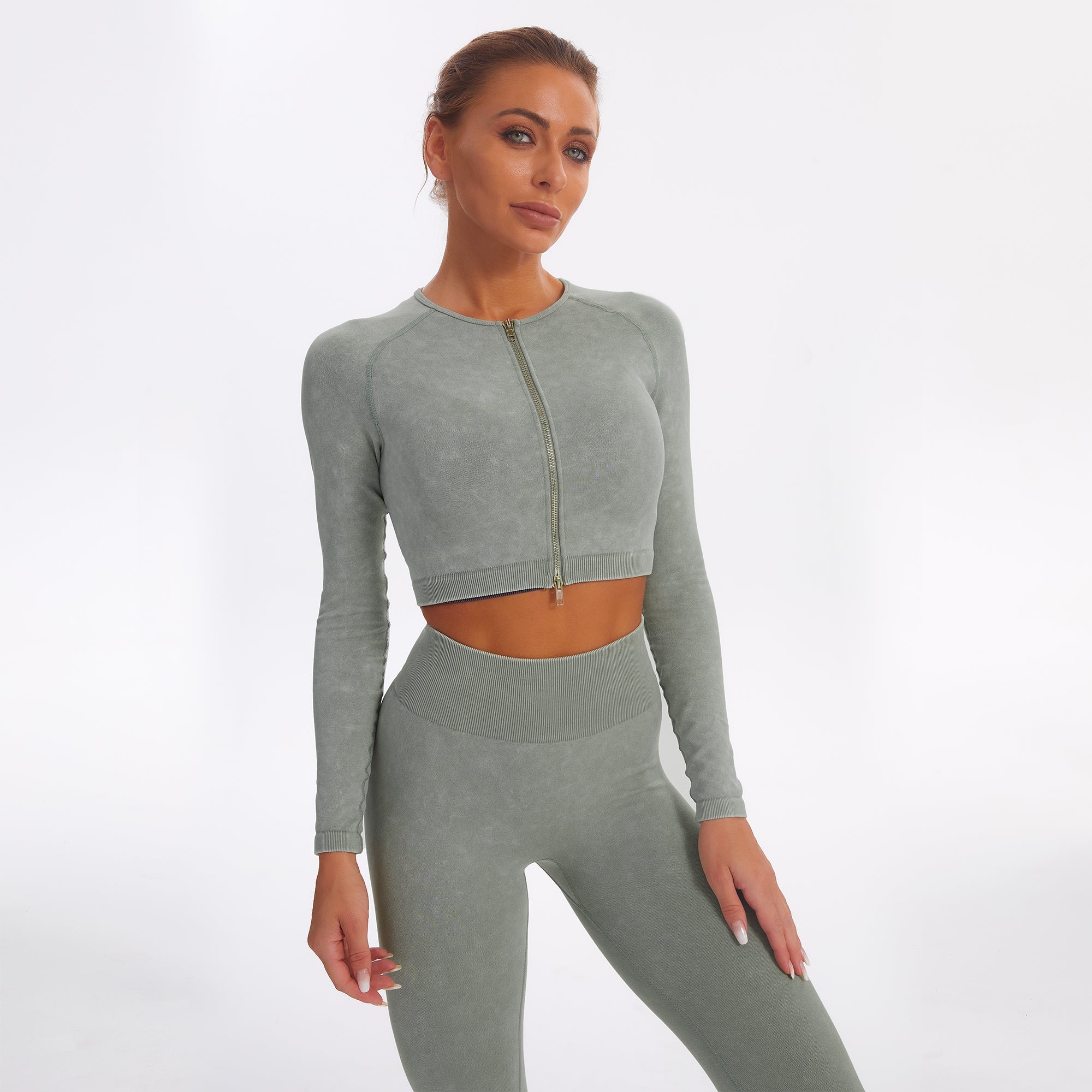 Seamless Gym Yoga Set Zip Up Long Sleeve & Leggings