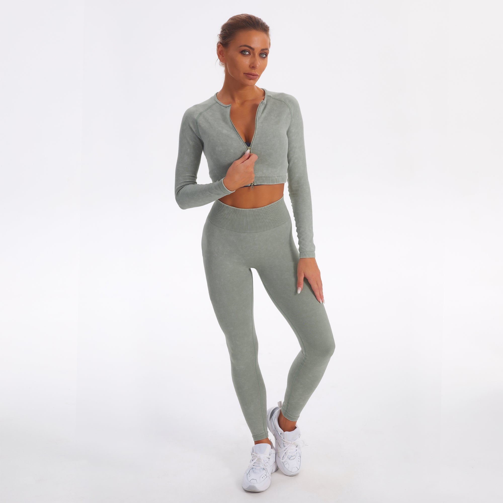 Seamless Gym Yoga Set Zip Up Long Sleeve & Leggings