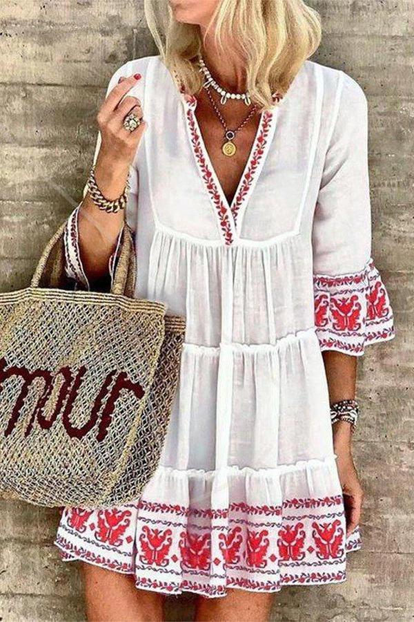 Bohemian Print Lace V-Neck Dress