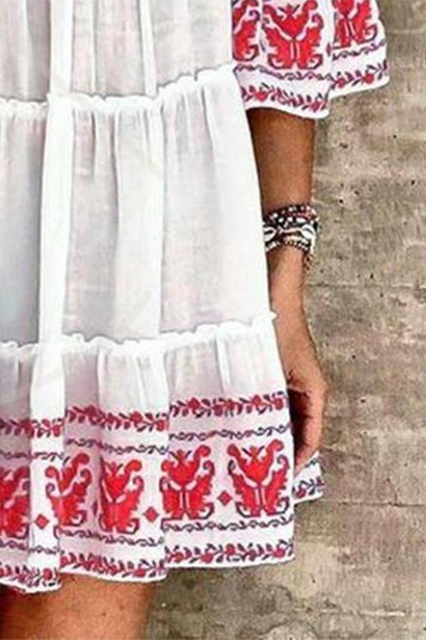 Bohemian Print Lace V-Neck Dress