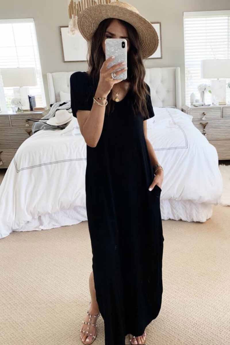 Casual Solid Color Pocket Design Dress