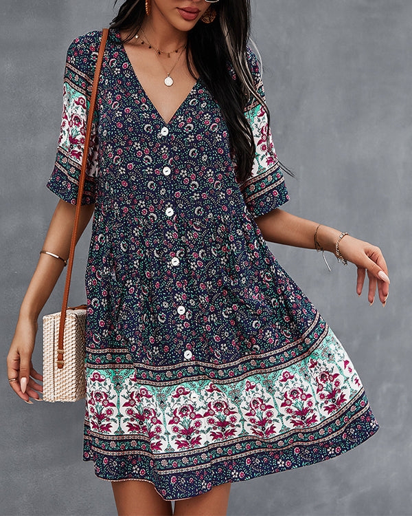 Casual Vintage Boho V-Neck Print Dress