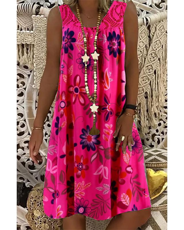 Women's Shift Dress Knee Length Dress - Sleeveless Floral Lace Print Summer Plus Size Hot Mumu Beach vacation dresses 2020 White Black Army Green Fuchsia Navy Blue M L XL XXL 3XL 4XL 5XL