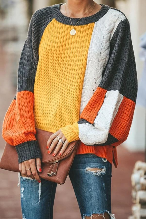 Color Patchwork Round Neck Sweater