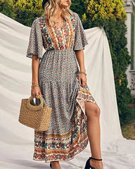 Casual Vintage Boho V-Neck Print Dress